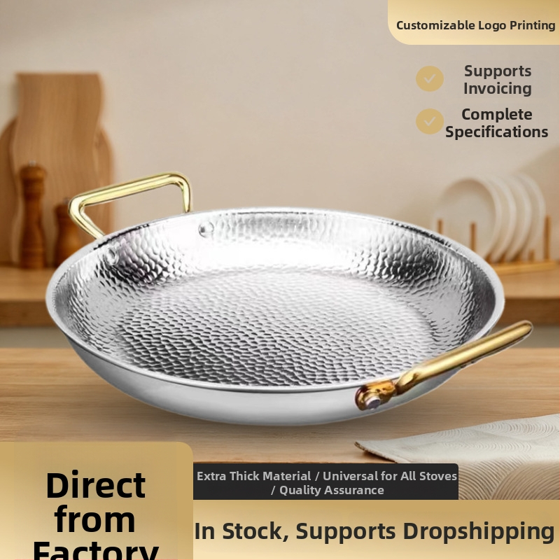 Paella pan 304 nerezovej ocele s dvojitými rúčkami, ploché trojvrstvové dno, kompatibilné s indukciou, hĺbka 4 cm