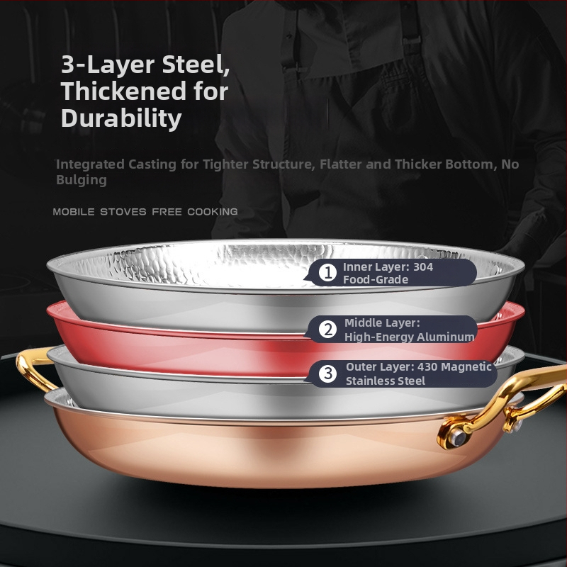 Paella pan 304 nerezovej ocele s dvojitými rúčkami, ploché trojvrstvové dno, kompatibilné s indukciou, hĺbka 4 cm