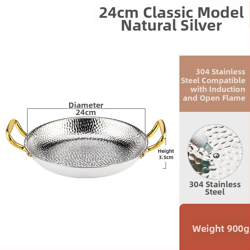 Paella pan 304 nerezovej ocele s dvojitými rúčkami, ploché trojvrstvové dno, kompatibilné s indukciou, hĺbka 4 cm