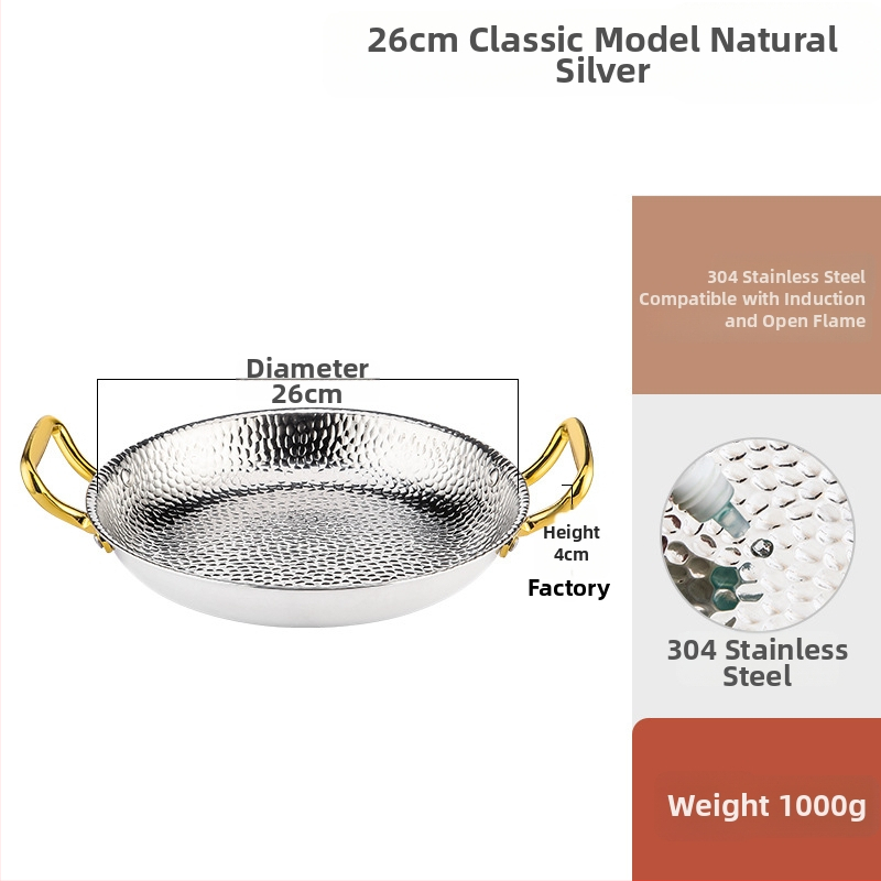 Paella pan 304 nerezovej ocele s dvojitými rúčkami, ploché trojvrstvové dno, kompatibilné s indukciou, hĺbka 4 cm