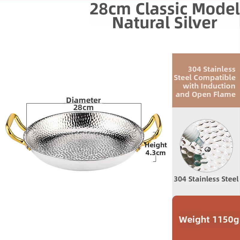 Paella pan 304 nerezovej ocele s dvojitými rúčkami, ploché trojvrstvové dno, kompatibilné s indukciou, hĺbka 4 cm