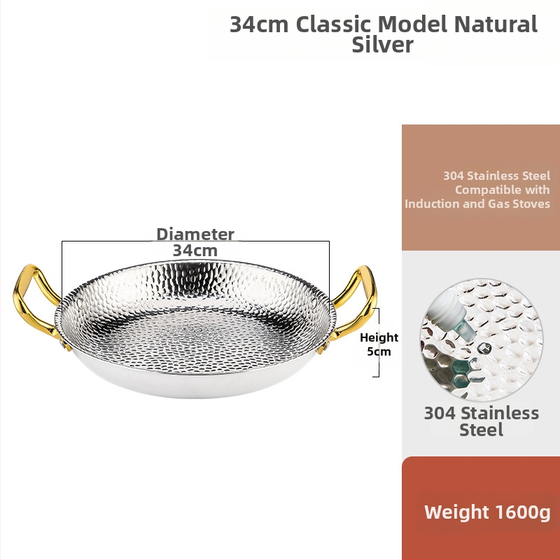 Paella pan 304 nerezovej ocele s dvojitými rúčkami, ploché trojvrstvové dno, kompatibilné s indukciou, hĺbka 4 cm