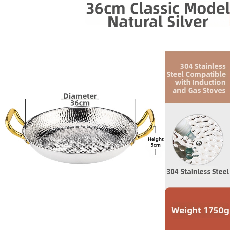 Paella pan 304 nerezovej ocele s dvojitými rúčkami, ploché trojvrstvové dno, kompatibilné s indukciou, hĺbka 4 cm