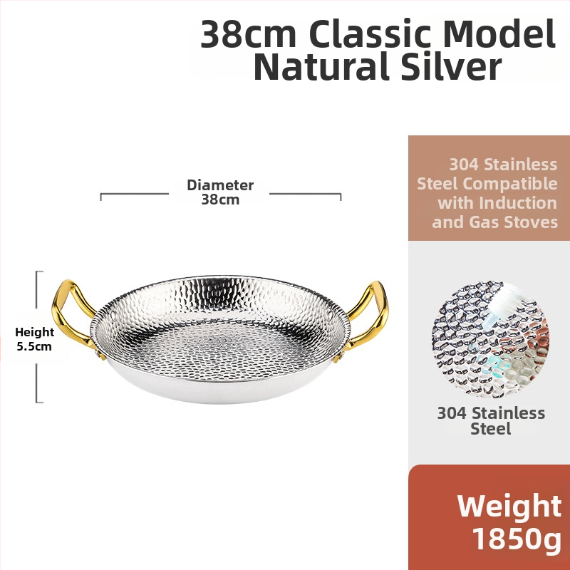 Paella pan 304 nerezovej ocele s dvojitými rúčkami, ploché trojvrstvové dno, kompatibilné s indukciou, hĺbka 4 cm