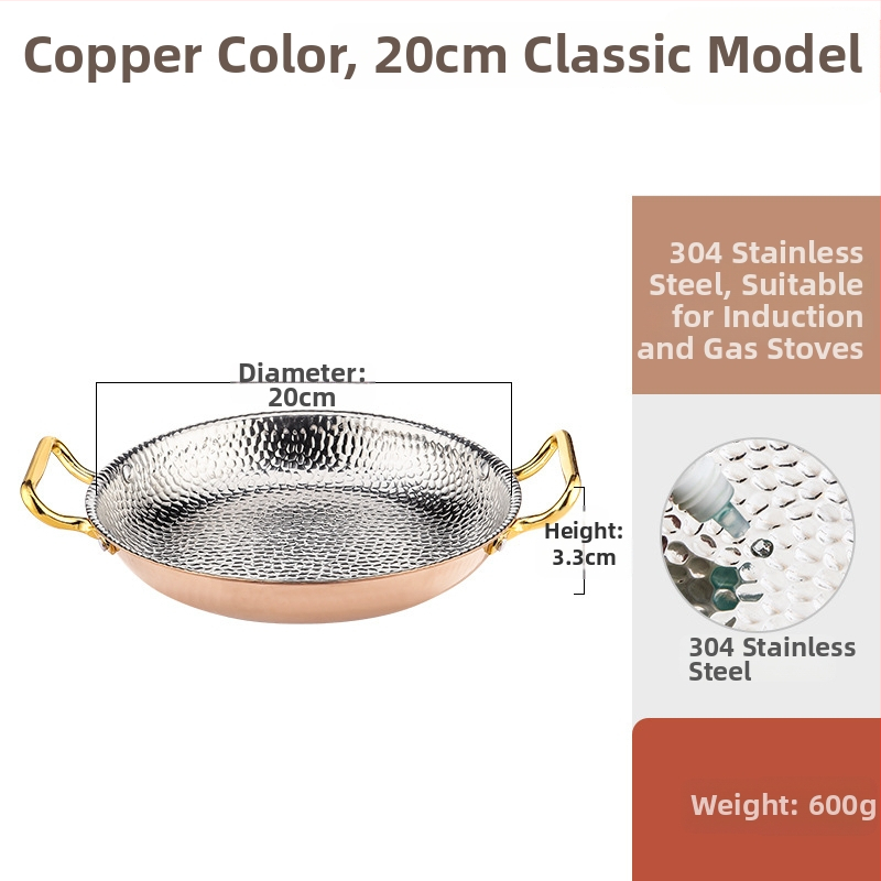 Paella pan 304 nerezovej ocele s dvojitými rúčkami, ploché trojvrstvové dno, kompatibilné s indukciou, hĺbka 4 cm