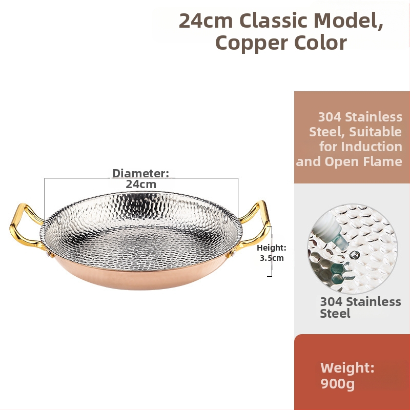 Paella pan 304 nerezovej ocele s dvojitými rúčkami, ploché trojvrstvové dno, kompatibilné s indukciou, hĺbka 4 cm