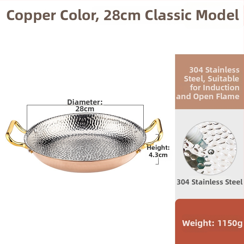 Paella pan 304 nerezovej ocele s dvojitými rúčkami, ploché trojvrstvové dno, kompatibilné s indukciou, hĺbka 4 cm