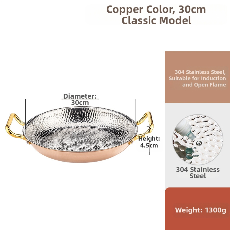 Paella pan 304 nerezovej ocele s dvojitými rúčkami, ploché trojvrstvové dno, kompatibilné s indukciou, hĺbka 4 cm