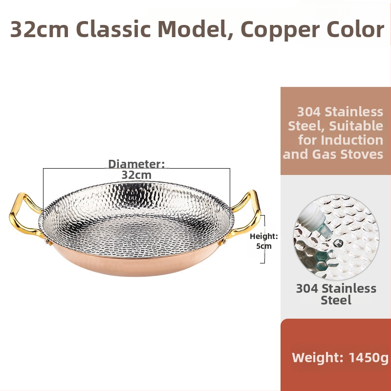 Paella pan 304 nerezovej ocele s dvojitými rúčkami, ploché trojvrstvové dno, kompatibilné s indukciou, hĺbka 4 cm
