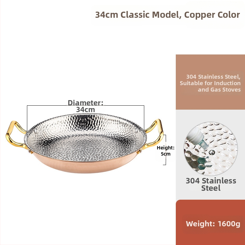 Paella pan 304 nerezovej ocele s dvojitými rúčkami, ploché trojvrstvové dno, kompatibilné s indukciou, hĺbka 4 cm