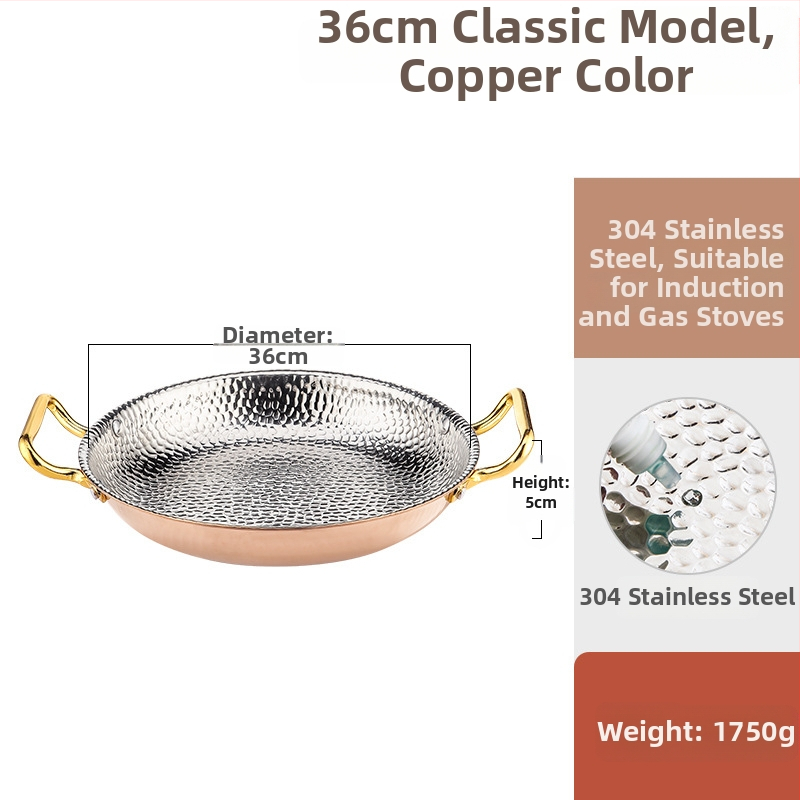 Paella pan 304 nerezovej ocele s dvojitými rúčkami, ploché trojvrstvové dno, kompatibilné s indukciou, hĺbka 4 cm