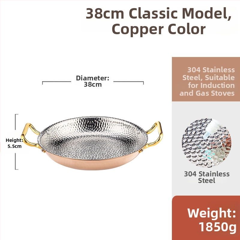 Paella pan 304 nerezovej ocele s dvojitými rúčkami, ploché trojvrstvové dno, kompatibilné s indukciou, hĺbka 4 cm