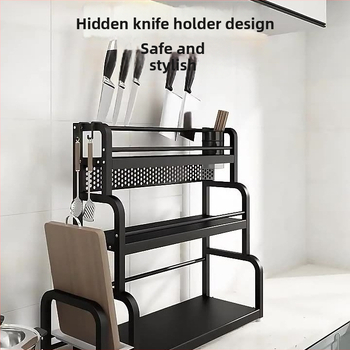 Raft de bucătărie pentru blat: suport pentru cuțite, suport pentru bețe de mâncare, recipient pentru sare și borcănaș cu condimente — oțel-carbon, fără montaj, stil Nordic.