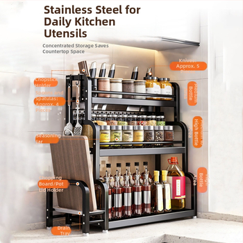 Raft de bucătărie pentru blat: suport pentru cuțite, suport pentru bețe de mâncare, recipient pentru sare și borcănaș cu condimente — oțel-carbon, fără montaj, stil Nordic.