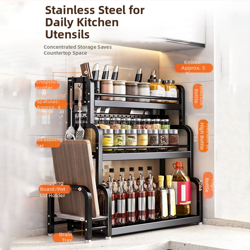 Raft de bucătărie pentru blat: suport pentru cuțite, suport pentru bețe de mâncare, recipient pentru sare și borcănaș cu condimente — oțel-carbon, fără montaj, stil Nordic.