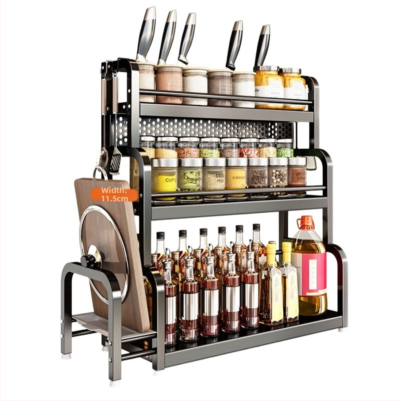 Raft de bucătărie pentru blat: suport pentru cuțite, suport pentru bețe de mâncare, recipient pentru sare și borcănaș cu condimente — oțel-carbon, fără montaj, stil Nordic.