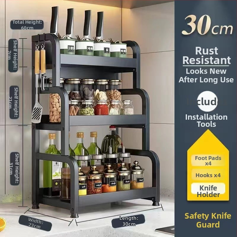 Raft de bucătărie pentru blat: suport pentru cuțite, suport pentru bețe de mâncare, recipient pentru sare și borcănaș cu condimente — oțel-carbon, fără montaj, stil Nordic.