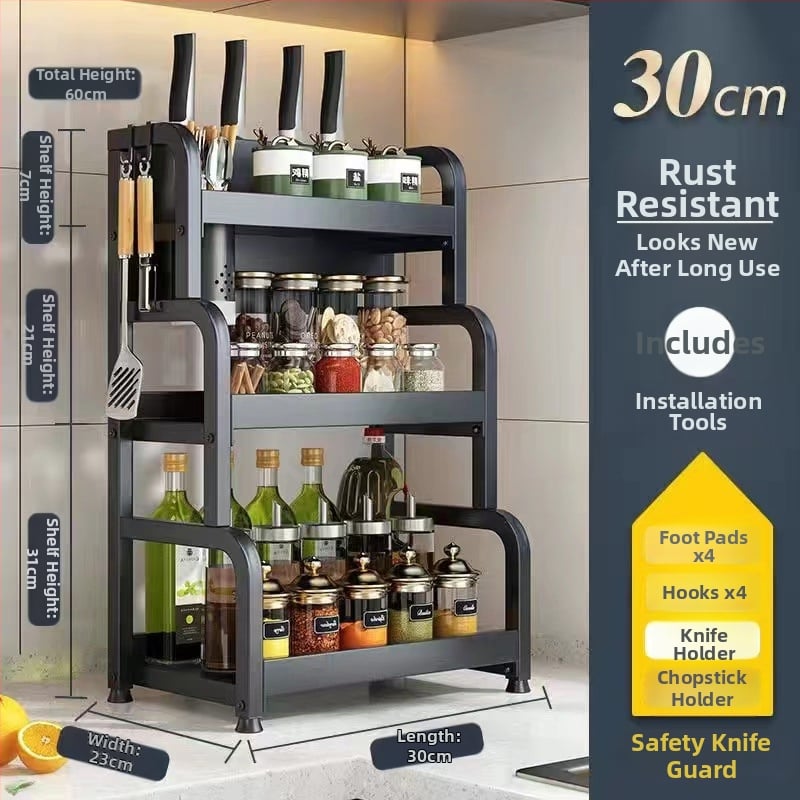 Raft de bucătărie pentru blat: suport pentru cuțite, suport pentru bețe de mâncare, recipient pentru sare și borcănaș cu condimente — oțel-carbon, fără montaj, stil Nordic.