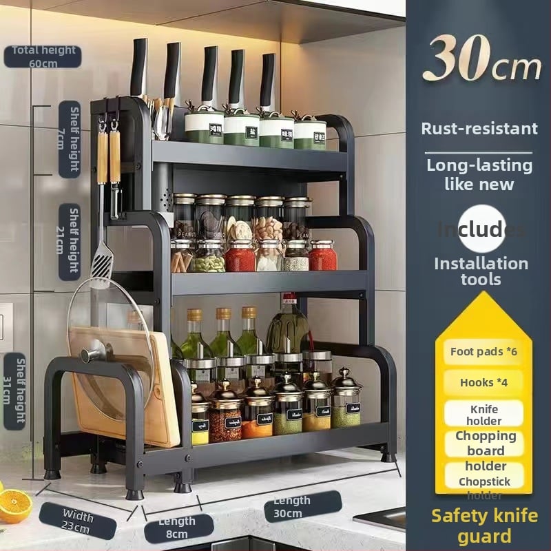 Raft de bucătărie pentru blat: suport pentru cuțite, suport pentru bețe de mâncare, recipient pentru sare și borcănaș cu condimente — oțel-carbon, fără montaj, stil Nordic.