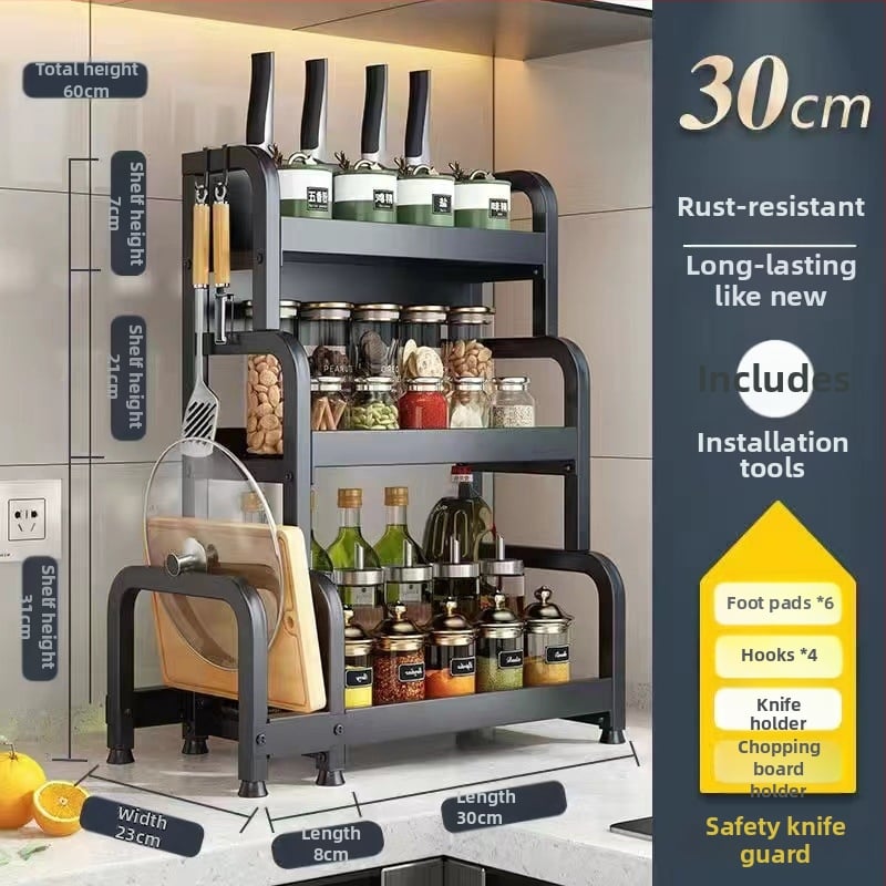 Raft de bucătărie pentru blat: suport pentru cuțite, suport pentru bețe de mâncare, recipient pentru sare și borcănaș cu condimente — oțel-carbon, fără montaj, stil Nordic.