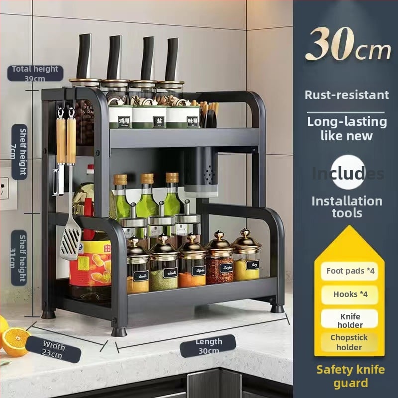 Raft de bucătărie pentru blat: suport pentru cuțite, suport pentru bețe de mâncare, recipient pentru sare și borcănaș cu condimente — oțel-carbon, fără montaj, stil Nordic.