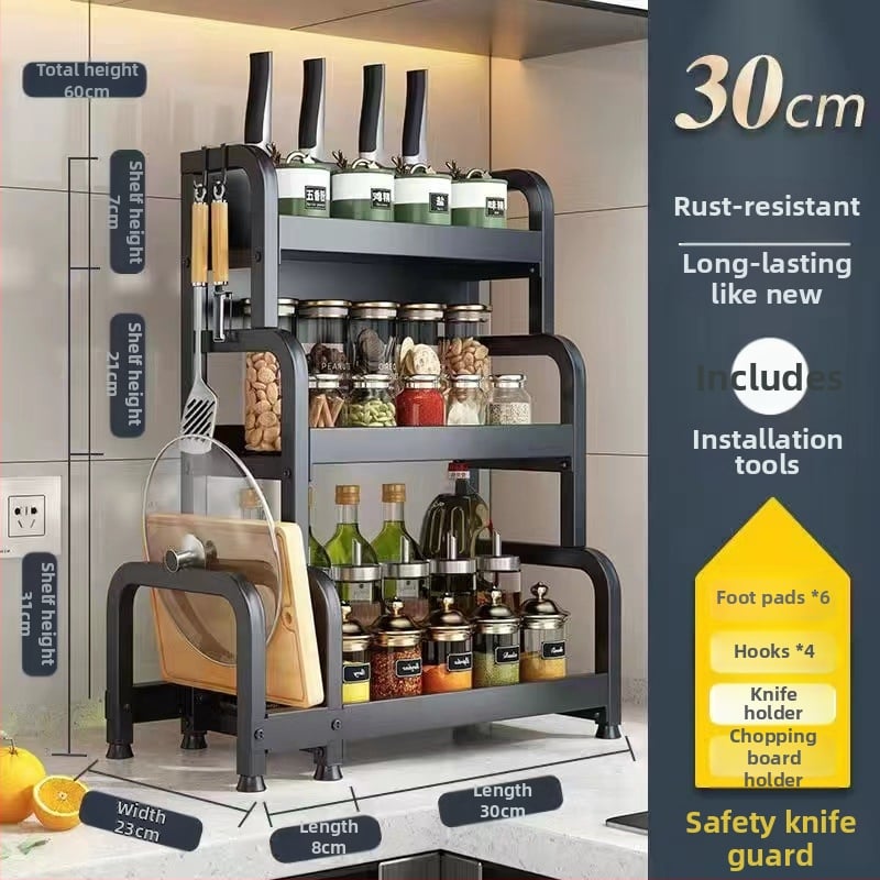 Raft de bucătărie pentru blat: suport pentru cuțite, suport pentru bețe de mâncare, recipient pentru sare și borcănaș cu condimente — oțel-carbon, fără montaj, stil Nordic.