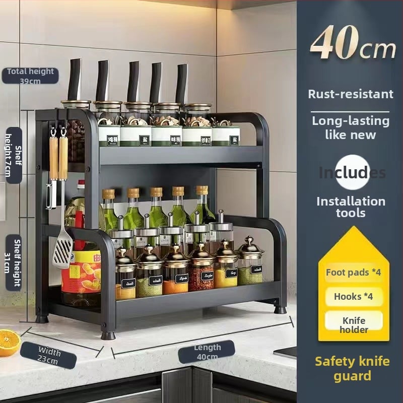 Raft de bucătărie pentru blat: suport pentru cuțite, suport pentru bețe de mâncare, recipient pentru sare și borcănaș cu condimente — oțel-carbon, fără montaj, stil Nordic.