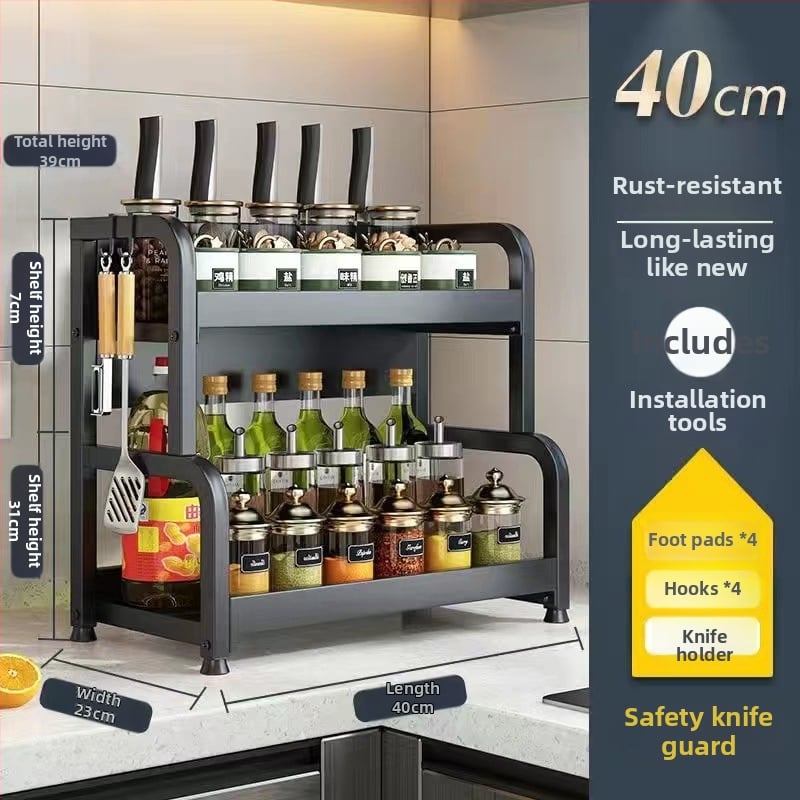 Raft de bucătărie pentru blat: suport pentru cuțite, suport pentru bețe de mâncare, recipient pentru sare și borcănaș cu condimente — oțel-carbon, fără montaj, stil Nordic.