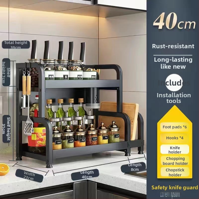 Raft de bucătărie pentru blat: suport pentru cuțite, suport pentru bețe de mâncare, recipient pentru sare și borcănaș cu condimente — oțel-carbon, fără montaj, stil Nordic.