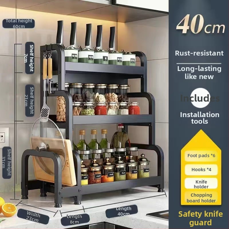 Raft de bucătărie pentru blat: suport pentru cuțite, suport pentru bețe de mâncare, recipient pentru sare și borcănaș cu condimente — oțel-carbon, fără montaj, stil Nordic.