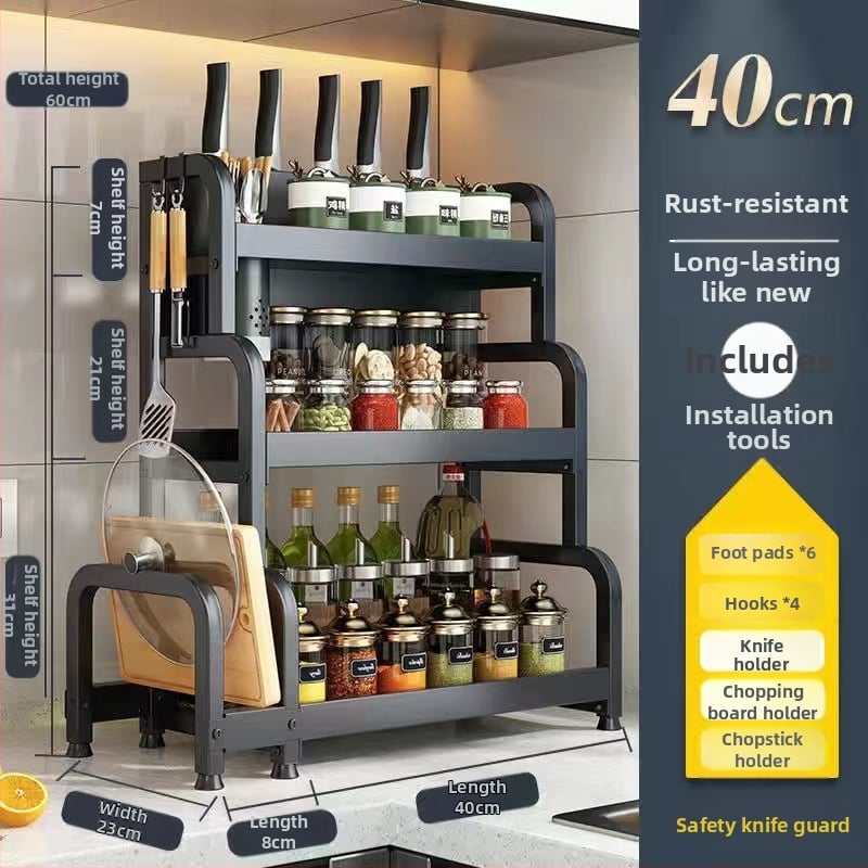 Raft de bucătărie pentru blat: suport pentru cuțite, suport pentru bețe de mâncare, recipient pentru sare și borcănaș cu condimente — oțel-carbon, fără montaj, stil Nordic.