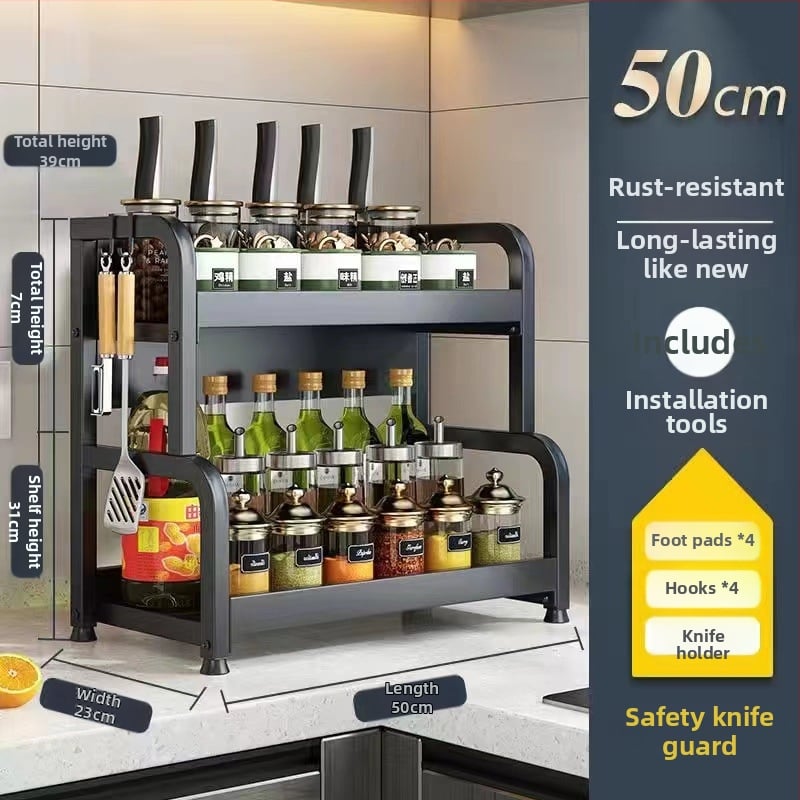 Raft de bucătărie pentru blat: suport pentru cuțite, suport pentru bețe de mâncare, recipient pentru sare și borcănaș cu condimente — oțel-carbon, fără montaj, stil Nordic.