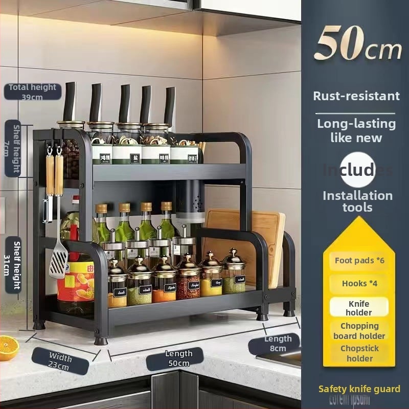 Raft de bucătărie pentru blat: suport pentru cuțite, suport pentru bețe de mâncare, recipient pentru sare și borcănaș cu condimente — oțel-carbon, fără montaj, stil Nordic.