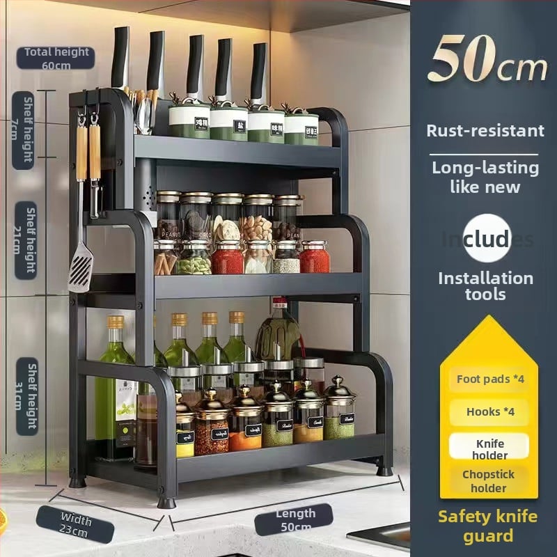 Raft de bucătărie pentru blat: suport pentru cuțite, suport pentru bețe de mâncare, recipient pentru sare și borcănaș cu condimente — oțel-carbon, fără montaj, stil Nordic.