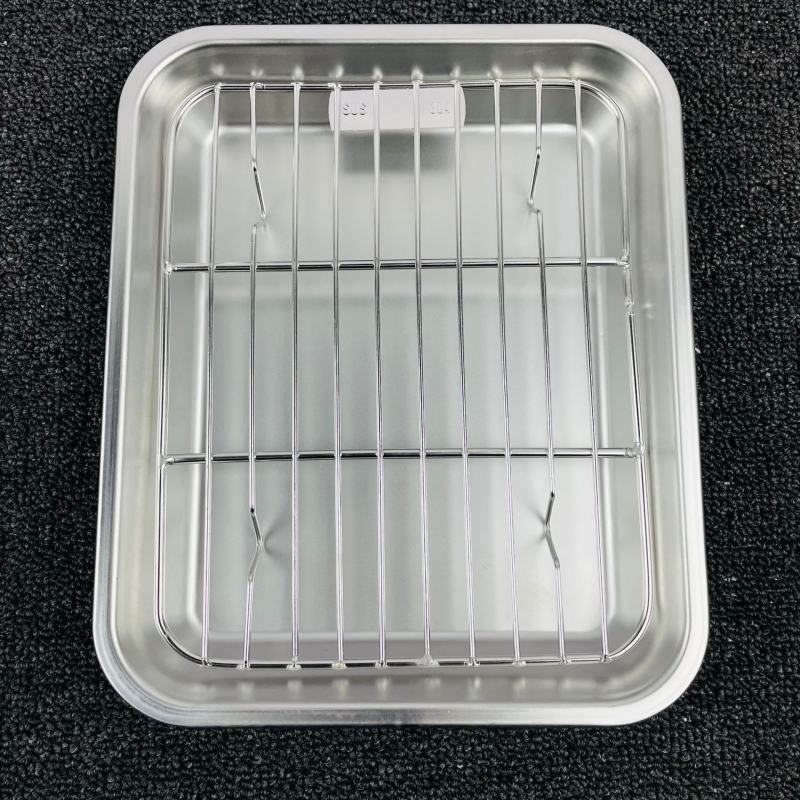 Плоска тава от неръждаема стомана 304, правоъгълна, модерен минималистичен стил, с филтърна мрежа за контрол на мазнините и дренаж
