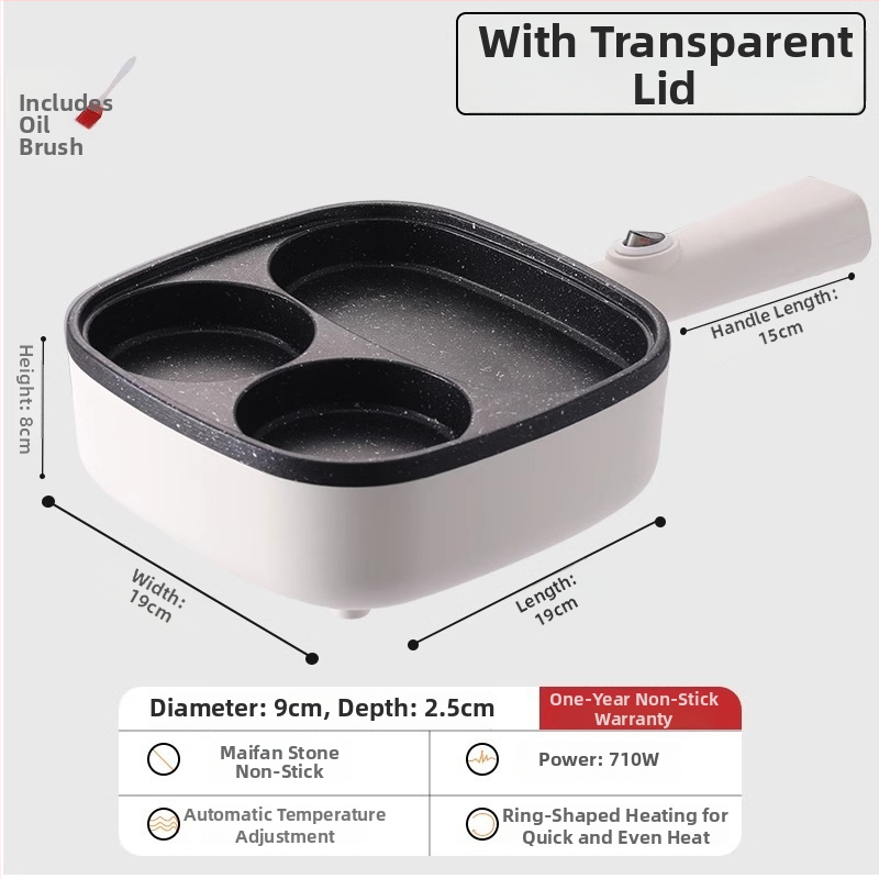 Elektrická panvica na omeletu so štyrmi otvormi, nepřilnavá vrstva, hliníková zliatina, 900W, 220V, sklenená pokrievka