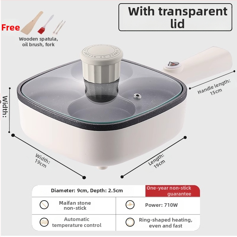 Elektrická panvica na omeletu so štyrmi otvormi, nepřilnavá vrstva, hliníková zliatina, 900W, 220V, sklenená pokrievka