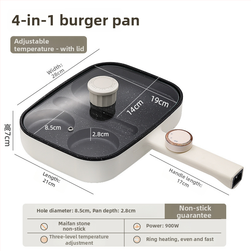 Elektrická panvica na omeletu so štyrmi otvormi, nepřilnavá vrstva, hliníková zliatina, 900W, 220V, sklenená pokrievka