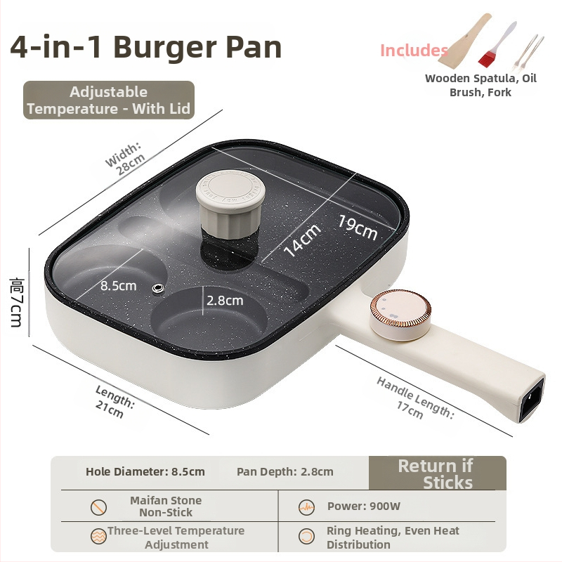 Elektrická panvica na omeletu so štyrmi otvormi, nepřilnavá vrstva, hliníková zliatina, 900W, 220V, sklenená pokrievka