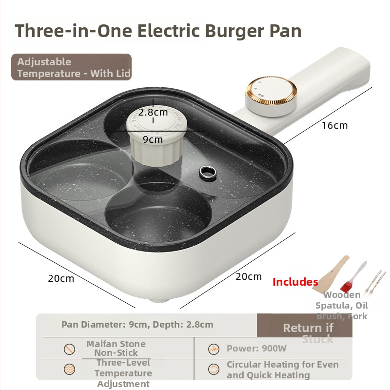 Elektrická panvica na omeletu so štyrmi otvormi, nepřilnavá vrstva, hliníková zliatina, 900W, 220V, sklenená pokrievka