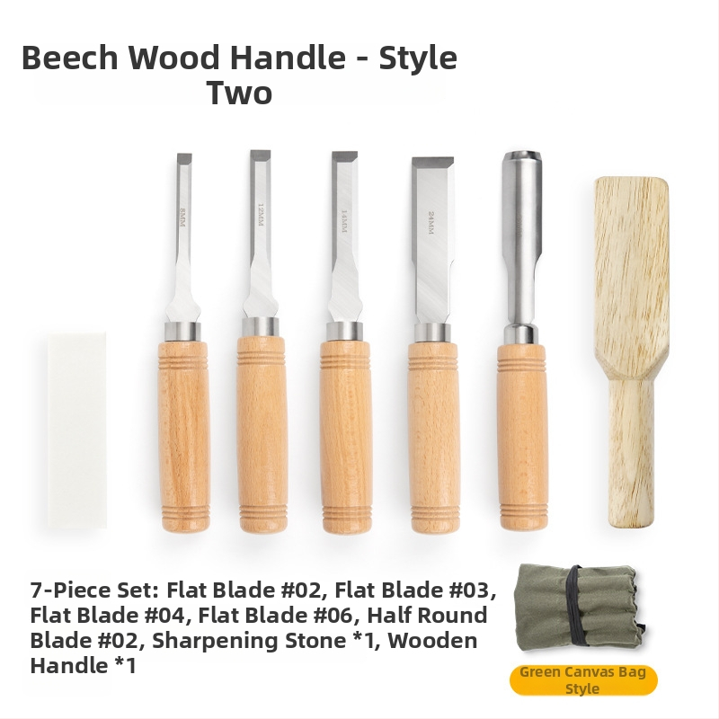 Set dlát pre stolárstvo s čepeľami z mangánovej ocele, rukoväť z buku – ploché a polkruhové dláta