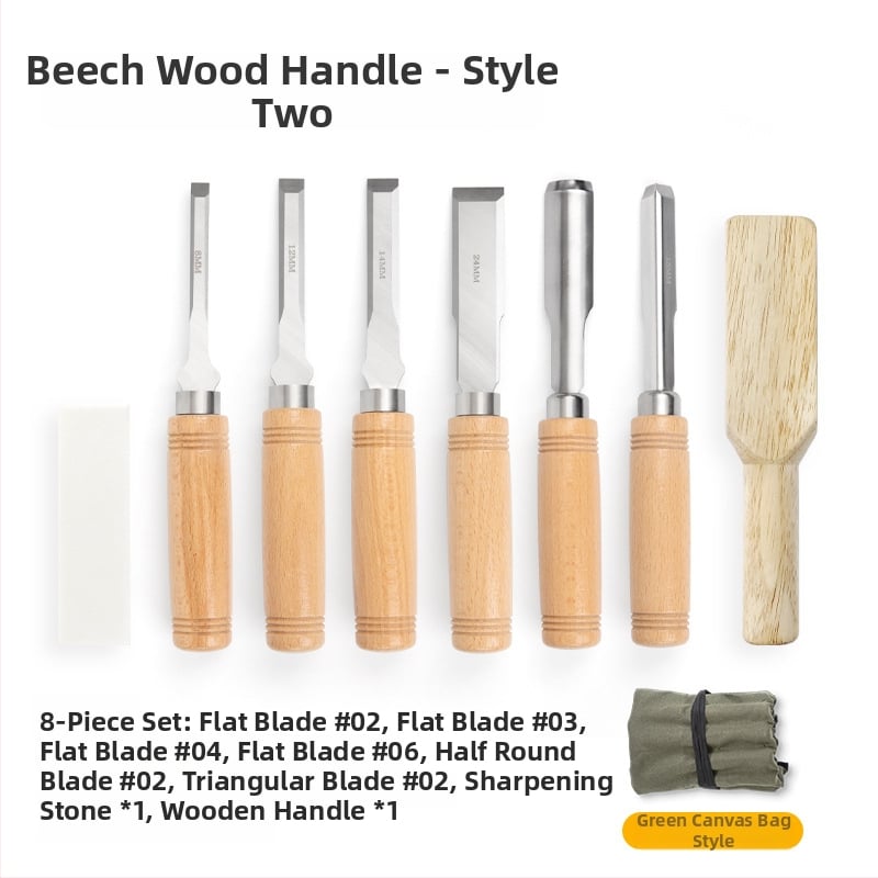 Set dlát pre stolárstvo s čepeľami z mangánovej ocele, rukoväť z buku – ploché a polkruhové dláta