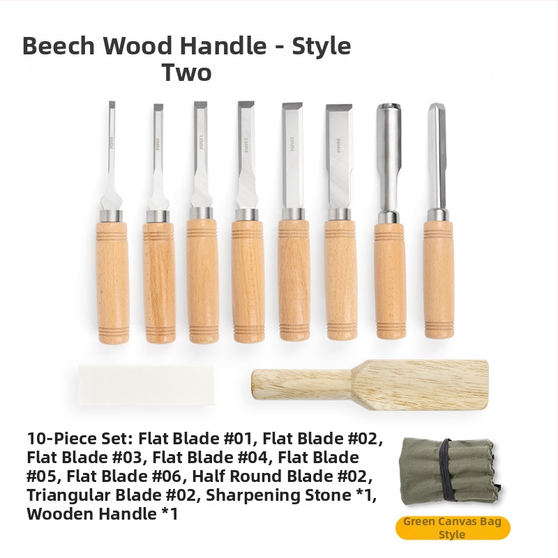 Set dlát pre stolárstvo s čepeľami z mangánovej ocele, rukoväť z buku – ploché a polkruhové dláta