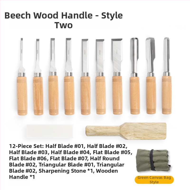 Set dlát pre stolárstvo s čepeľami z mangánovej ocele, rukoväť z buku – ploché a polkruhové dláta