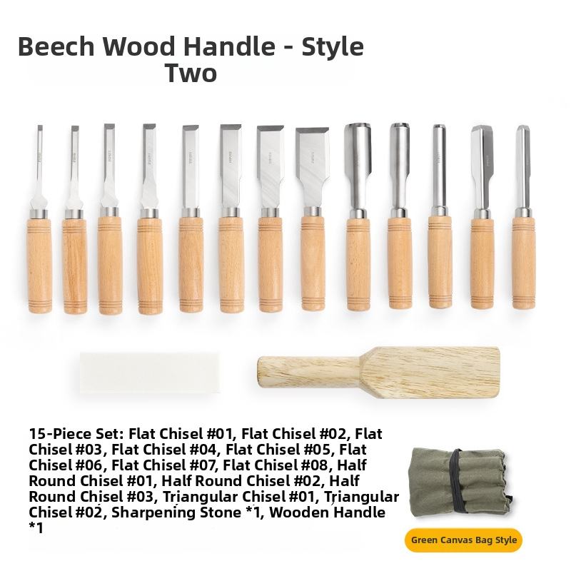 Set dlát pre stolárstvo s čepeľami z mangánovej ocele, rukoväť z buku – ploché a polkruhové dláta