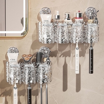 Držač za četkice za kupaonicu s vakuumskim pričvršćivanjem, plastični, zidni, za pohranu četkica i čašice