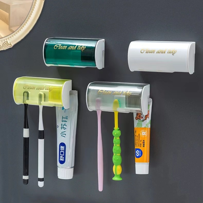 Zidni držač četkica bez bušenja, s poklopcem, dozatorom za pastu, 2 pretinca, plastični