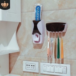Držač četkica za zube s automatnim istiskanjem paste, plastični, pričvršćivanje usisnom čašom, tiskani logotip