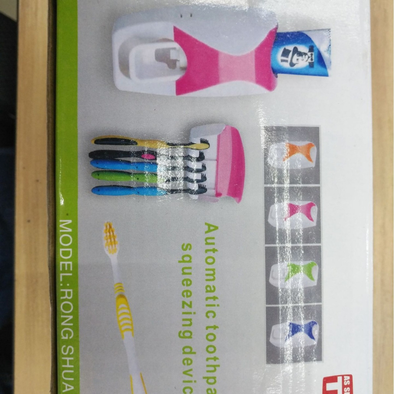 Držač četkica za zube s automatnim istiskanjem paste, plastični, pričvršćivanje usisnom čašom, tiskani logotip