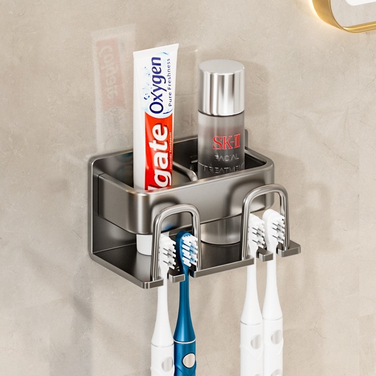 Držač četkice za zube od Space aluminija, zidni, 2–6 pretinaca, bez bušenja, pohrana paste, prilagodljiv logo